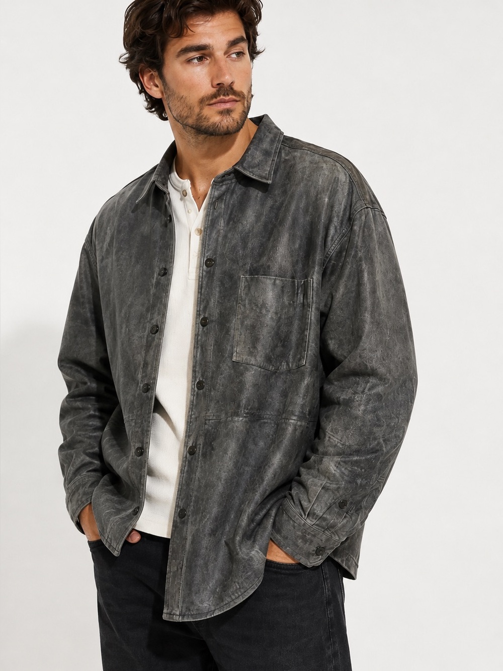 Baracuta Charcoal gray 100% leather button front Overshirt jacket men’s XXL